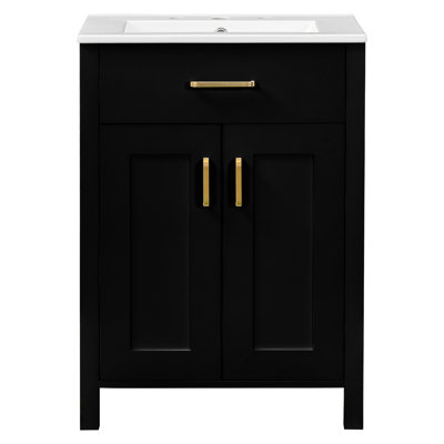 Meuble-lavabo 24 po avec lavabo en céramique - meuble-lavabo moderne. Noir. Bois massif et 2 portes à fermeture douce, tablette spacieuse. Unité compacte H24 de l 24,2 po x P 18,5 po. + Poignées dorées élégantes. Portes doubles