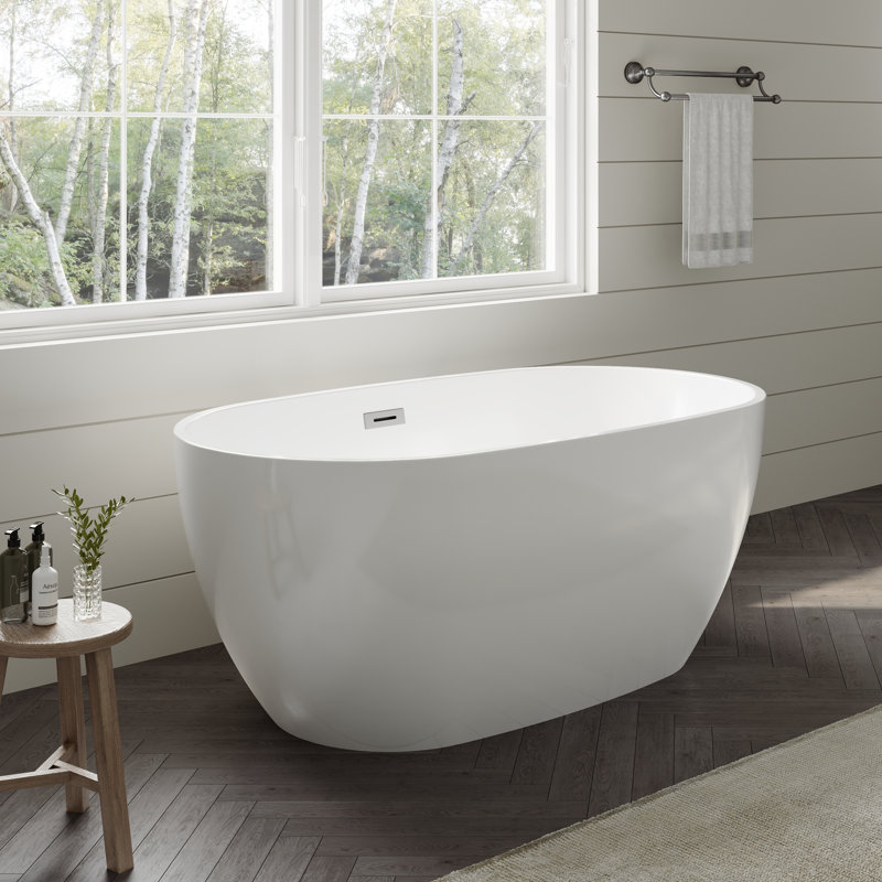 Baignoire autoportante blanche de 55 pouces avec bonde en chrome poli et garniture de trop-plein Juno