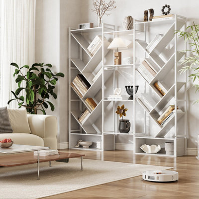 Triple bibliothèque à 6 niveaux, grande bibliothèque industrielle avec 24 tablettes ouvertes, bibliothèque à arbre industriel, bibliothèque haute en bois pour le salon, le bureau, blanc