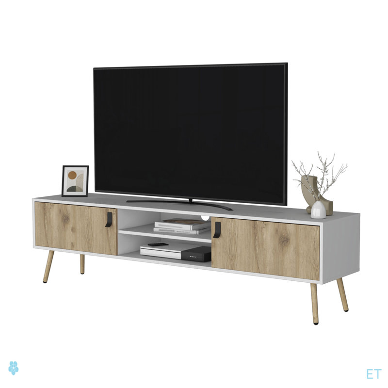 Meuble télé, rangement spacieux avec 2 tiroirs à charnières et tablettes ouvertes