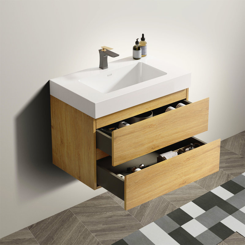 Meuble-lavabo mural de 30 po en chêne naturel avec lavabo, grand meuble-lavabo flottant mural pour salle de bain moderne, pré-assemblé