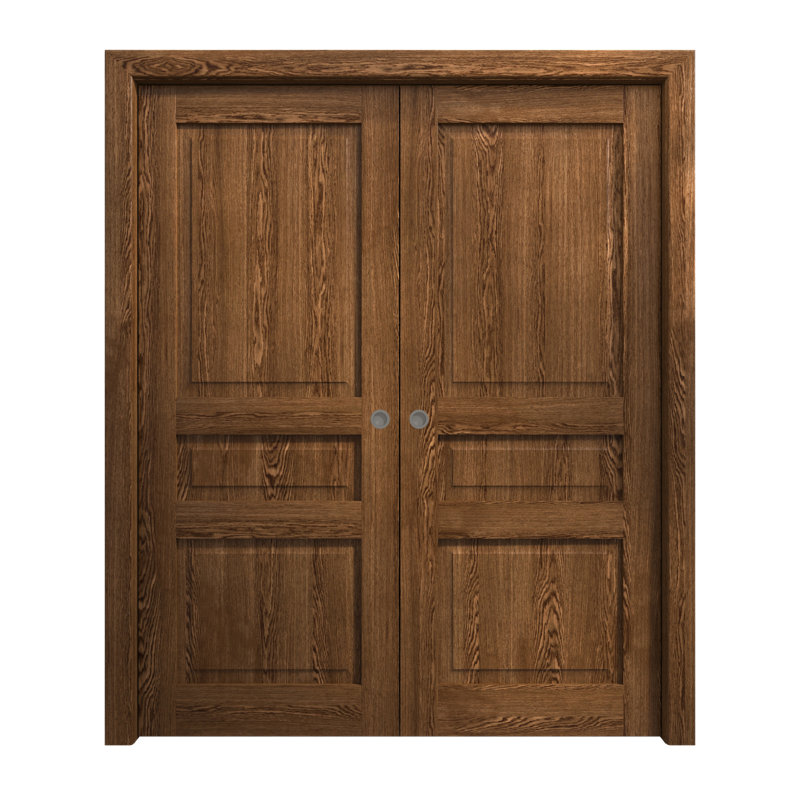 Cognac Oak 84 x 80 Paneled Solid Wood Double Pocket Doors