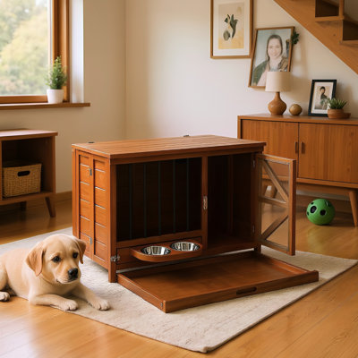 33" Modern Solid Wood Dog Crate, Foldable With 360 Rotating Feeder, Ideal For Bonding And Home Decor Walnut Kennel High Weight Capacity Storage