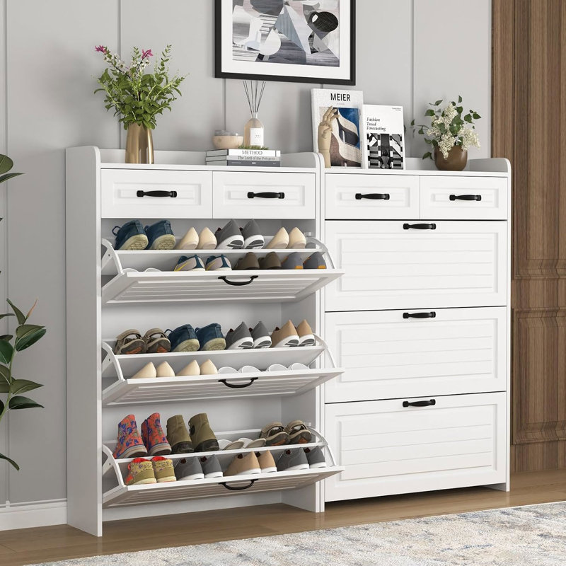 Grande armoire de rangement étroite pour chaussures, 3 tiroirs rabattables et 2 tiroirs supérieurs pour le vestibule, Blanc