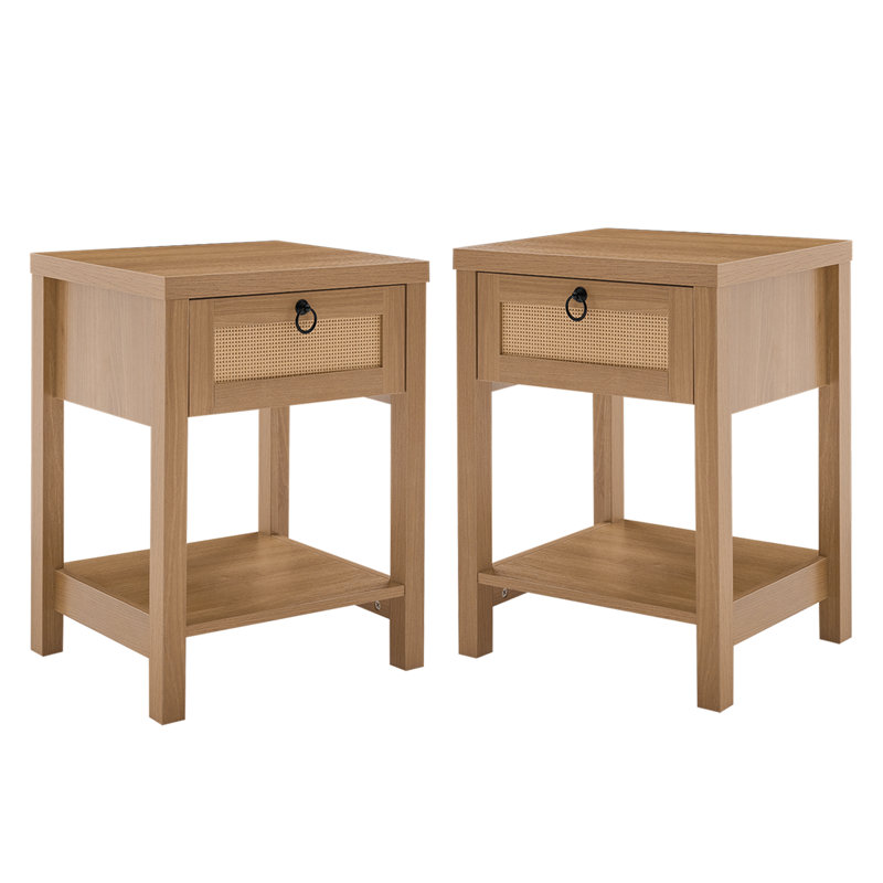 Rattan Nightstands Set Of 2, Boho Bedside Tables With Drawer And Open Shelf, Bedroom End Tables With Solid Wood Legs, Oak