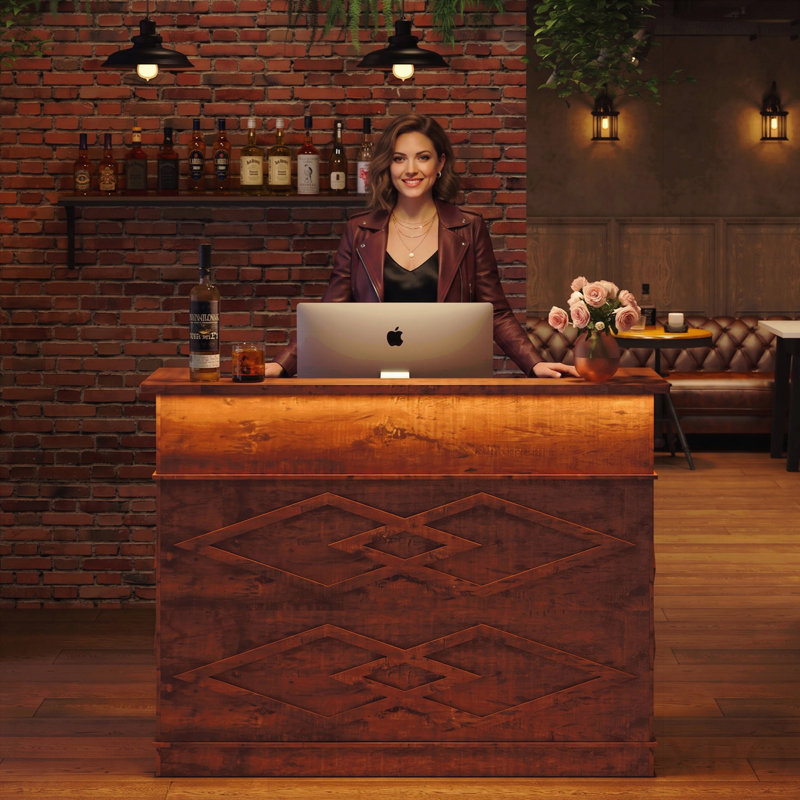 Bureau d'accueil moderne Mono Walnut avec comptoir de transaction et plateau stratifié - Bureau d'accueil debout