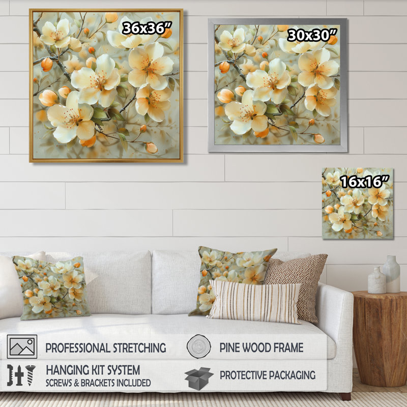 «Yellow Apple Blossom Spring Symphony», reproduction d'art murale, Cadre simple blanc, H 30 po x l 30 po