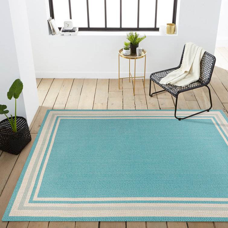 Hasad Modern Border Stripe Aqua/Beige Indoor/Outdoor Rug