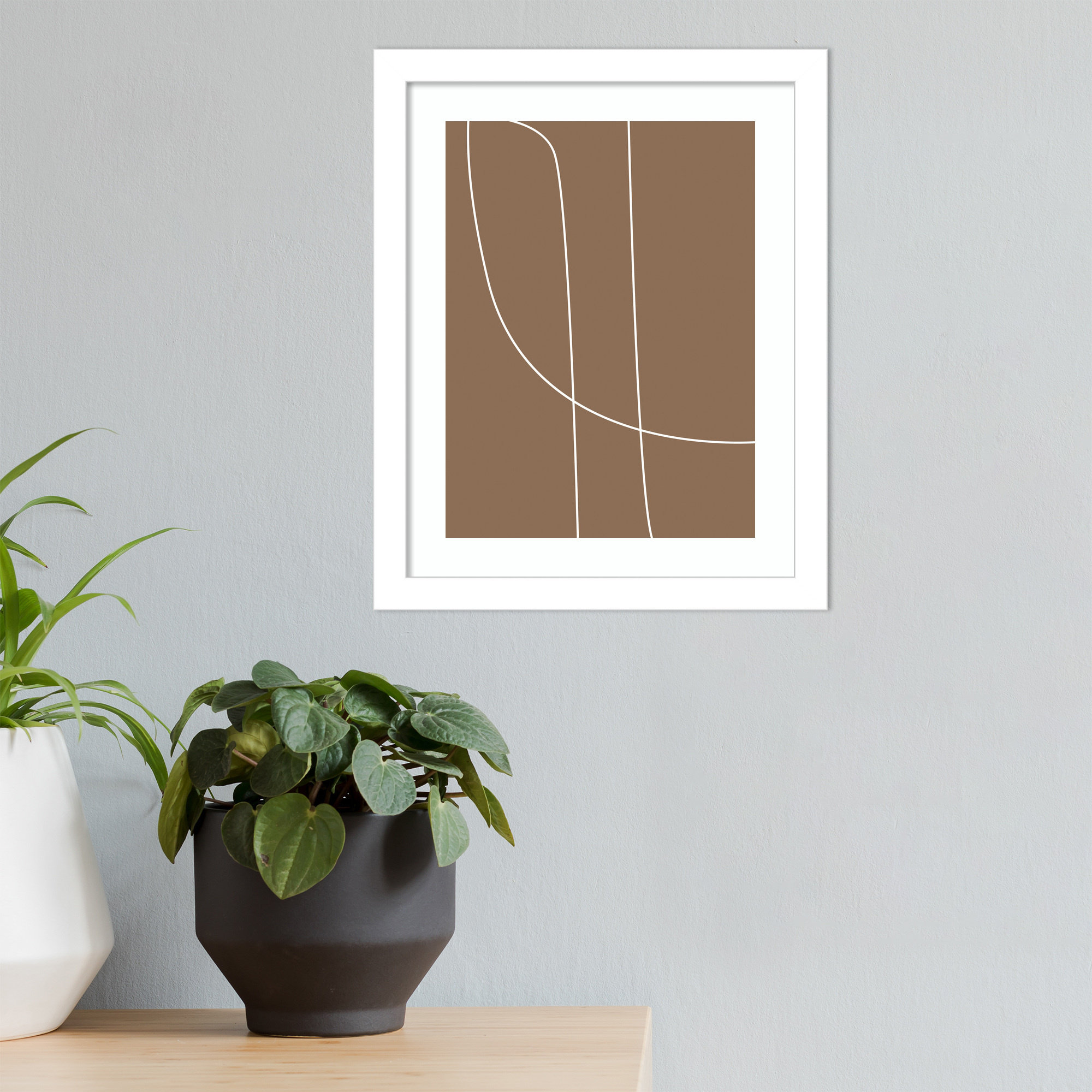 Modern Line Abstract 1 Mushroom Brown by The Creative Bunch Studio, 17" H x 14" W x 0.8" D, White Framed