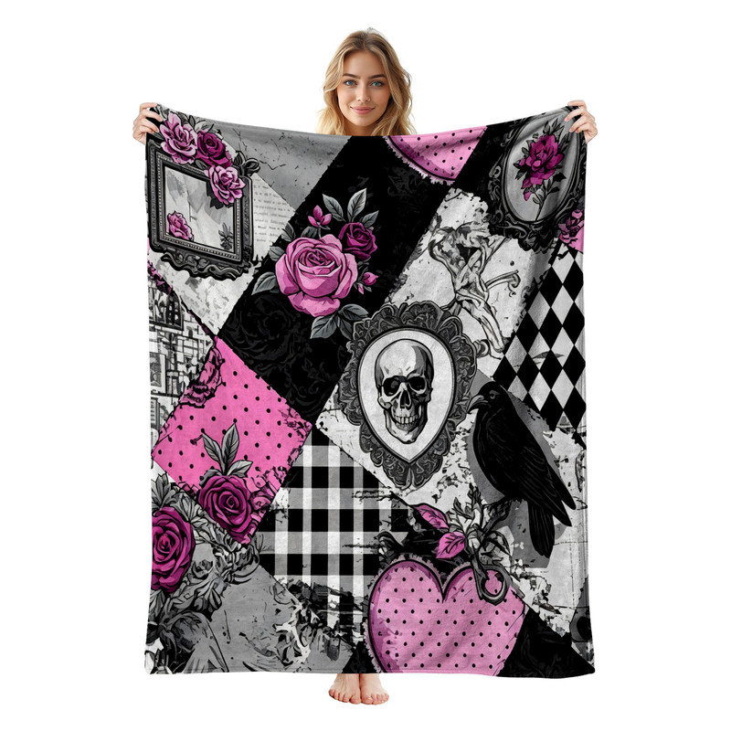 Couverture simple en flanelle JYK Halloween, Pink Patchwork Crow