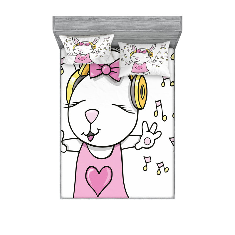 Ensemble de draps et taies décoratives Ambesonne Bunny, rose pâle / jaune, Ensemble de draps pour lit double + 1 drap-housse 
