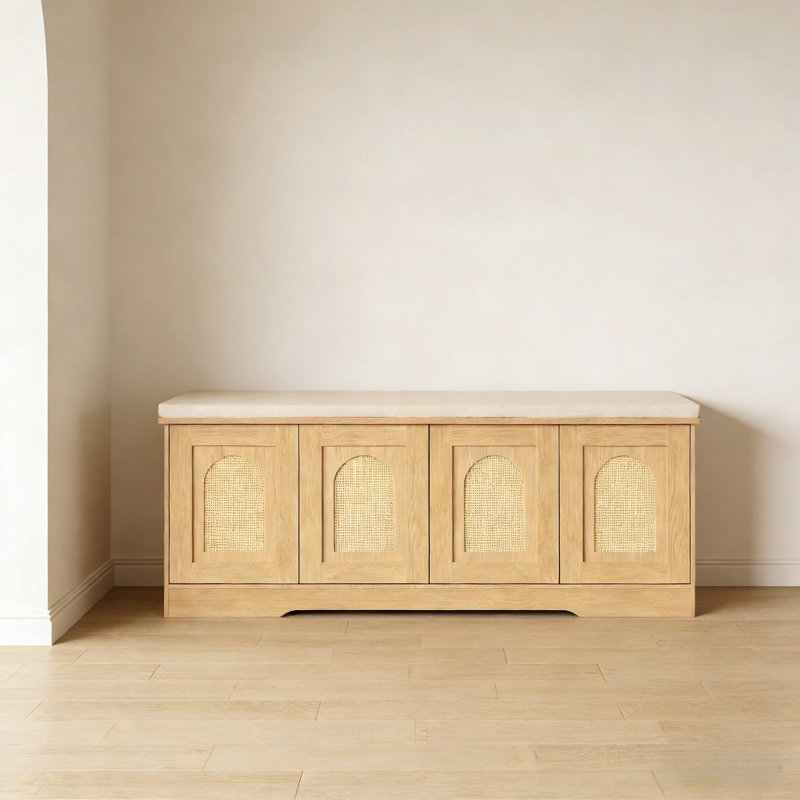 Entryway Shoe Bench With Doors, Back Cushion, And 8 Storage Compartments, Natural/Greige