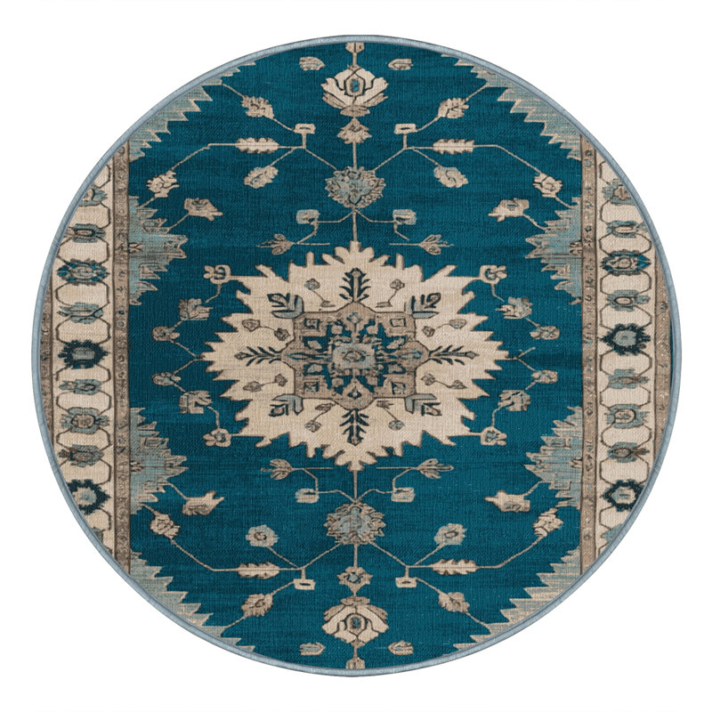Machine Washable Overdyed Blue Area Rug, Round 6'