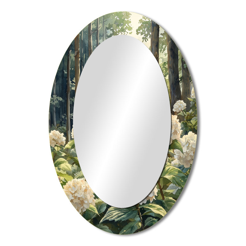 Hydrangeas By The Forest Edge - Miroir mural ovale blanc, 36 po x 24 po