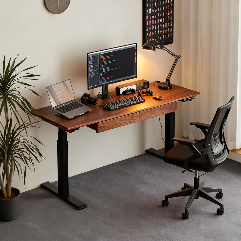 Adjustable Height Solid Wood Steel Executive Desk, H 49,21 po x l 55,12 po x P 27,56 po