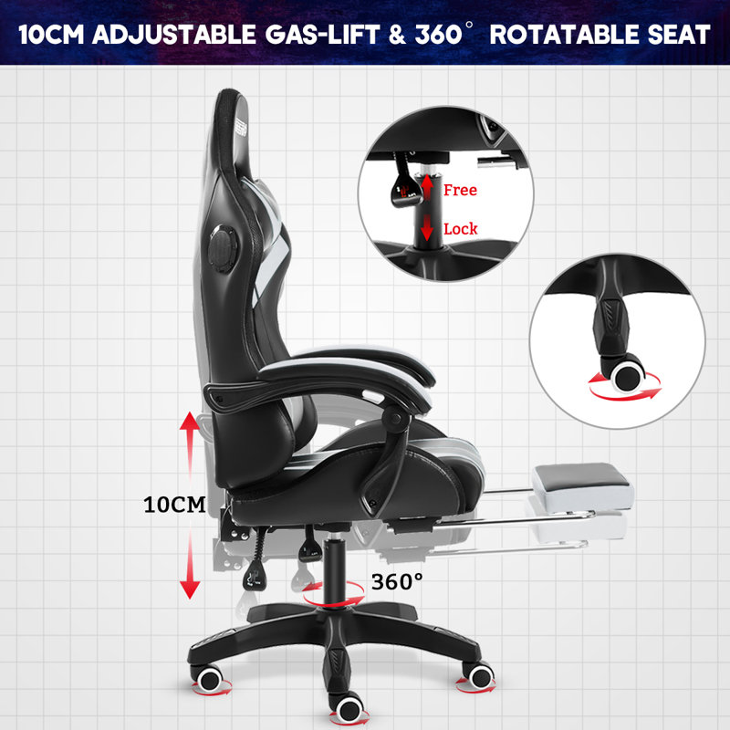 Hoffree LED Ergonomic Gaming Chair with Bluetooth Speakers and Vibration Lumbar Pillow, White/Black