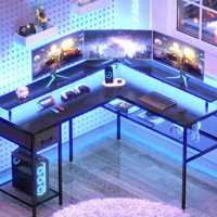Ivy Bronx Hallsburg 55“ L Shaped Desk Gaming Desk with LED Lights & Power  Outlets, Computer Desk with Storage Shelves & Reviews