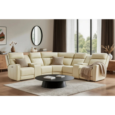 Rumalda Dual-Motor Recliner Sectional Sofa, Genuine Leather Power Reclining Sectional Couch, 116