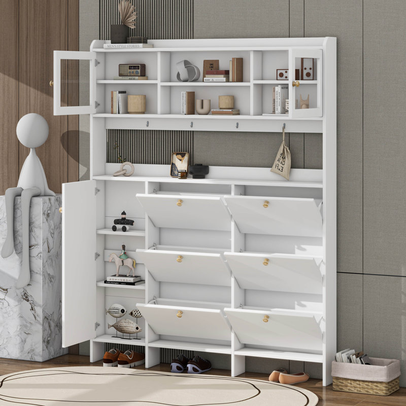 Multi-Functional Tipping Bucket Shoe Cabinet With Storage Shelf & 6 Flip Drawers, White