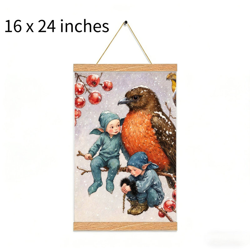 Elfes d'hiver avec oiseau, art mural à volutes suspendues, cintre en bois intégré, 16 x 24