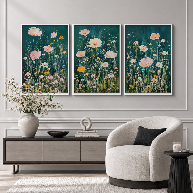 «Teal Wildflower Meadow», art de chambre à coucher, reproduction d'art sur toile encadrée, 36" H x 72" W x 1.5" D