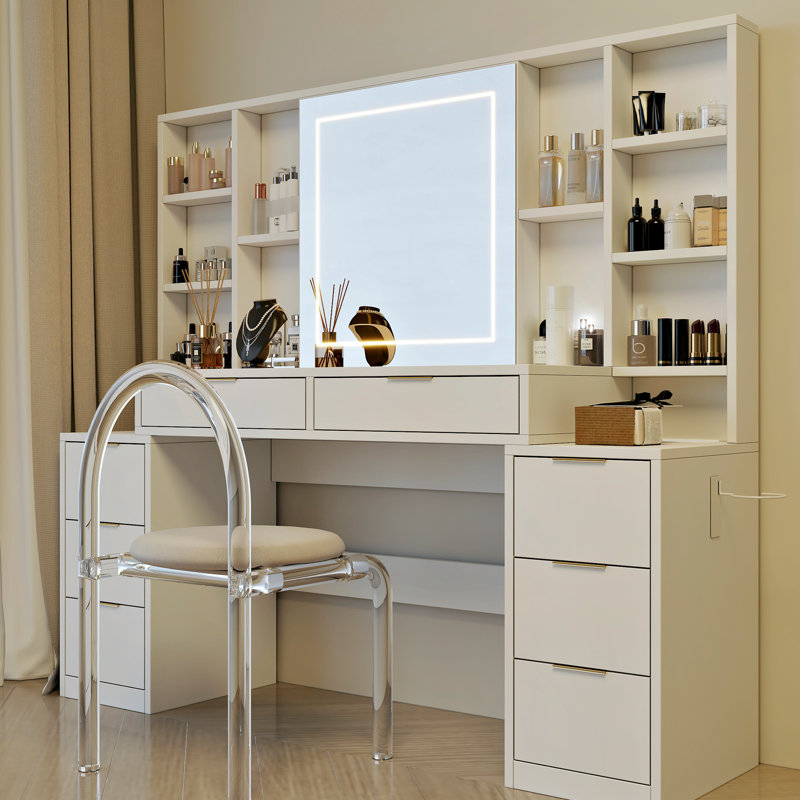 Grand bureau de coiffeuse avec miroir et lumières détachables, table de 59 po à 8 tiroirs, 3 couleurs DEL, luminosité réglable, pour les femmes, style nautique, matériau blanc, miroir, rangement ouvert, éclairage DEL