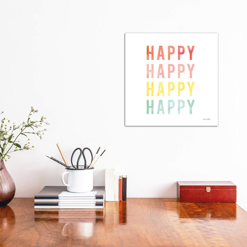 «Happy Happy» par Ann Kelle, reproduction d'art textuel, H 18 po x l 18 po x 1,5 po, Toile tendue