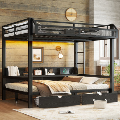 Lit superposé en métal noir sur grand lit, lit inférieur convertible en canapé avec tablettes et tiroirs de rangement, lit superposé multifonctionnel avec ports de charge USB et lumières à DEL.