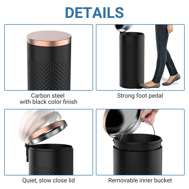 Black Stainless Steel Pedal Trash Can with Copper Lid - 8 Gallons