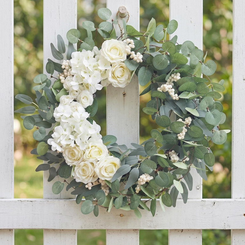 Couronne d'hortensias 20 po pour la porte d'entrée, couronnes artificielles vertes d'été avec fleurs de pivoines blanches