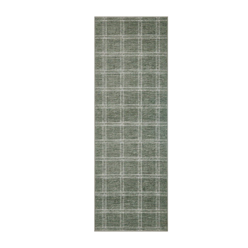 Modern Washable Runner Rug Checkered Plaid Non-Slip Low Pile Contemporary Floor Mat for Kitchen Entryway Bedroom Laundry Room Green 2x6ft