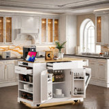 Kitchen Island With Concealed Tilt-Out Trash Can, Built-In Power Outlet, Fluted Drawers, And Mobile Wheels Adjustable Shelves Cabinet