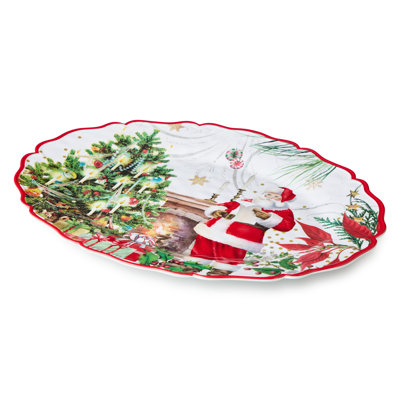 Ensemble de 2 plateaux en mélamine du père Noël - un plateau de 14 pouces rond et 18 x 13,5 pouces en mélamine ovale, richement illustré de scènes de Noël pour les plus grandes présentations des Fêtes.