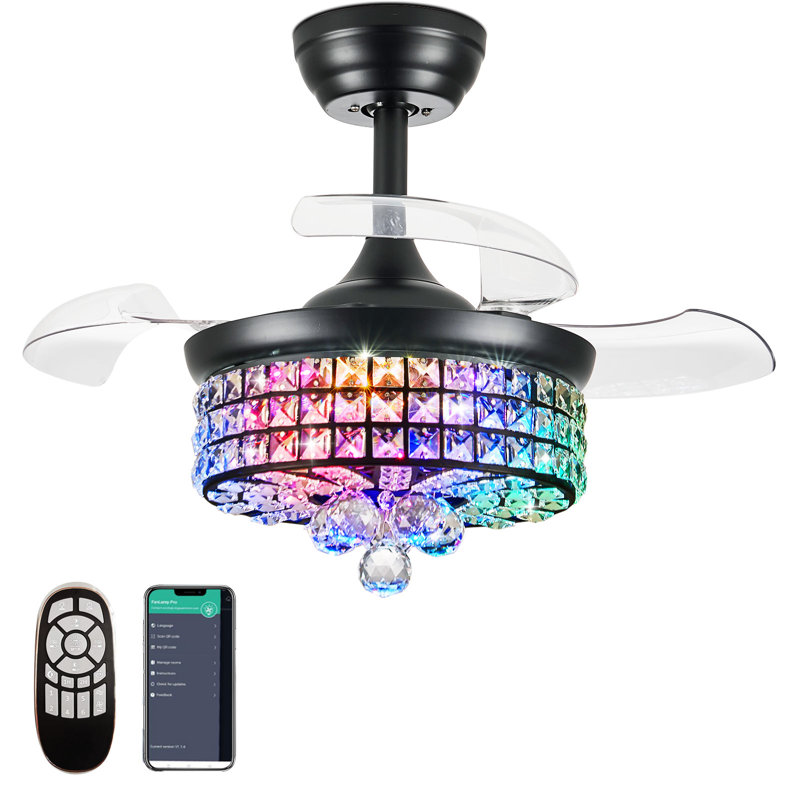Lustre ventilateur de plafond 30 "en cristal rétractable RVB, Noir