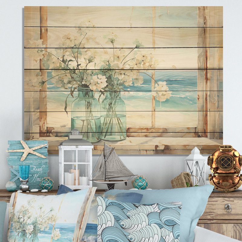 Blue Window Beachfront View Blooms I - Coastal Windows On Wood Print, 24" H x 32" W x 0.78" D