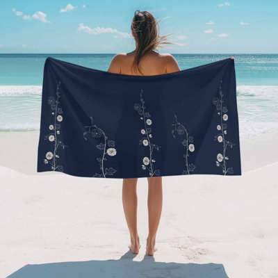 Beach Towel Japanese Style Flowers Bath Pool Towels Solid Color Navy Blue Absorbent Beach Towel Soft Large Quick Dry Lightweight Camping Travel Sports Yoga Gym Swim Towels for Adult 32x63 Inch