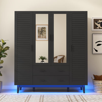4-Door 71" Armoire Wardrobe With LED Lights, Mirror, Hanging Rod, 2 Drawers, And Shelves by Ivy Bronx