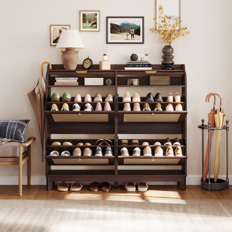 Rattan Shoe Storage Cabinet With Adjustable Shelves And Solid Wood Legs, Boho Modern Shoe Rack, Dark Brown Wood