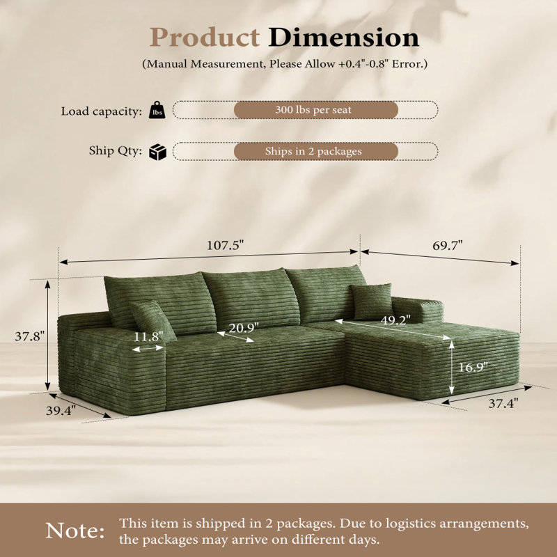 Canapé modulaire 108 po pour salon modulaire en L en tissu de velours côtelé désossé avec méridienne, Vert