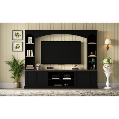 Meuble télé 91 po et bibliothèque arquée noire, centre de divertissement multifonctionnel pour téléviseurs de 70 po, console multimédia compatible avec la gestion des câbles, conception avec armoires de rangement à finition grain de bois