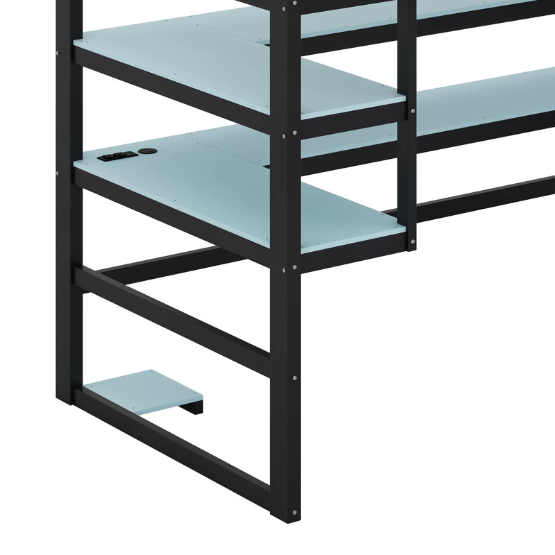 Lit mezzanine Gaming avec bureau et bandes lumineuses RVB, lit mezzanine en bois massif avec support de rangement latéral, multi-tablettes