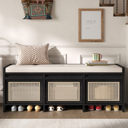 Banc de rangement pour chaussures rembourré de 48 pouces avec compartiment relevable et tiroirs en rotin, Black