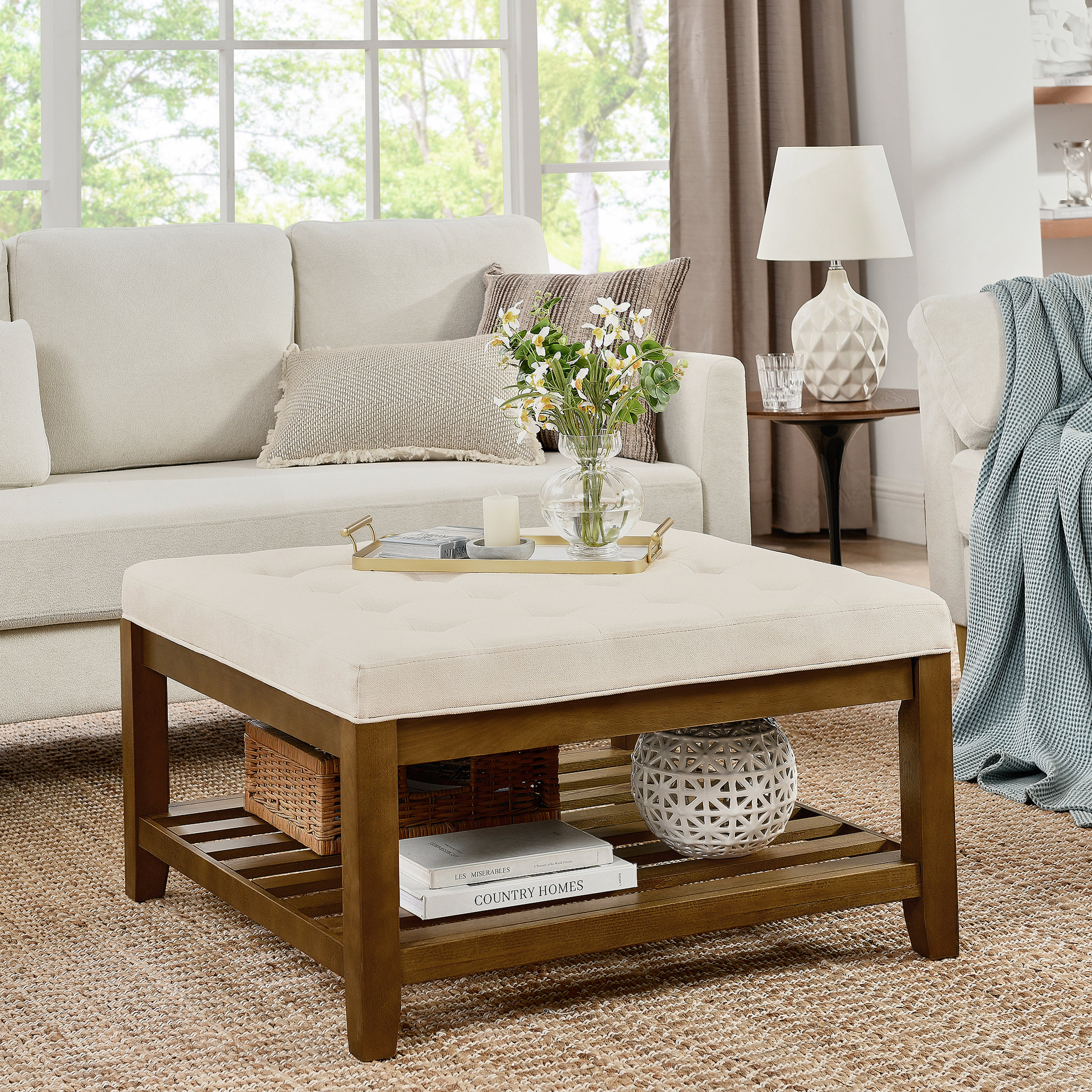 Lark Manor™ Upholstered Coffee Table Tufted Linen Large Square Ottoman ...