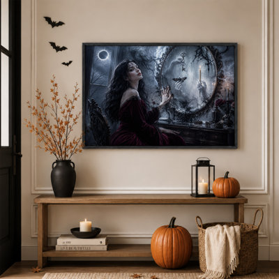 Femme fantastique foncée en robe rouge devant un miroir orné - Toile murale d'Halloween