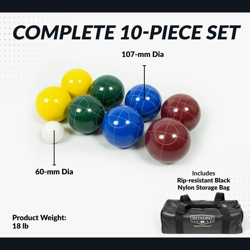 Hathaway Deluxe Bocce Ball Set – 8 Regulation Resin Balls in Red, Green, Blue, and Yellow with Pallino, Carry Bag & Rules – Outdoor Lawn Bocce Ball Game Set for 2–4 Players – Multicolored