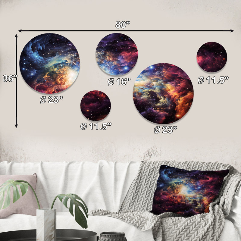Nébuleuse rose et orange Vortex IV - Galaxies, ensemble d'art mural rond de 5