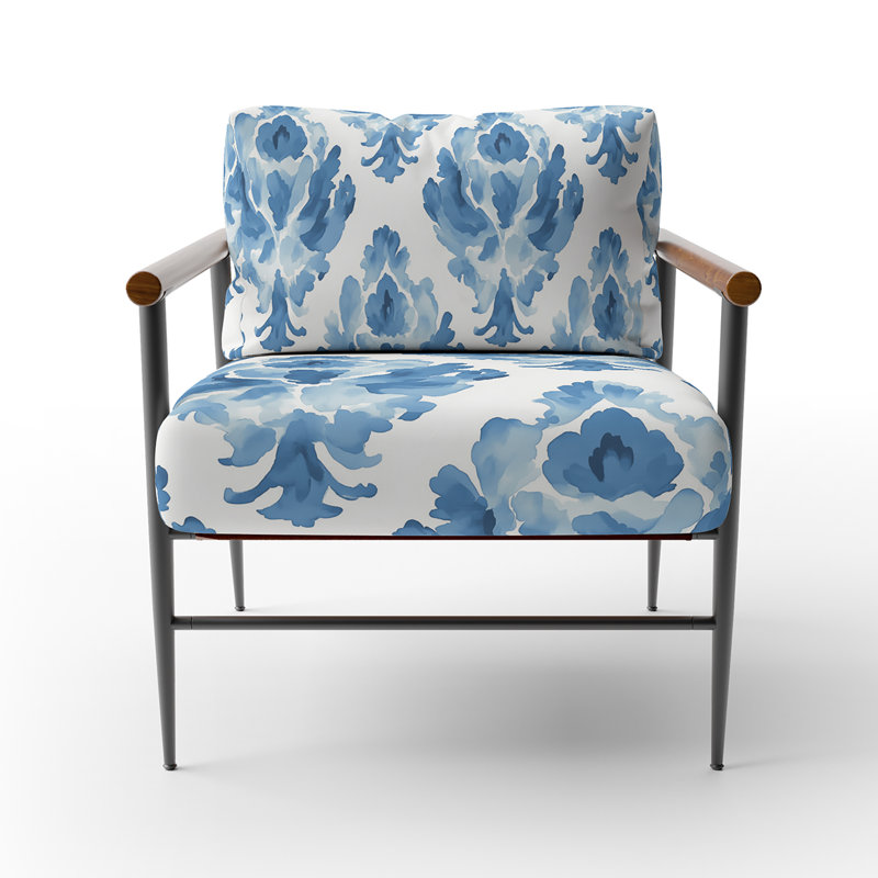 Chaise d'appoint Boho - Fauteuil bleu et blanc à accoudoirs ikat bleu, Bras ronds bruns