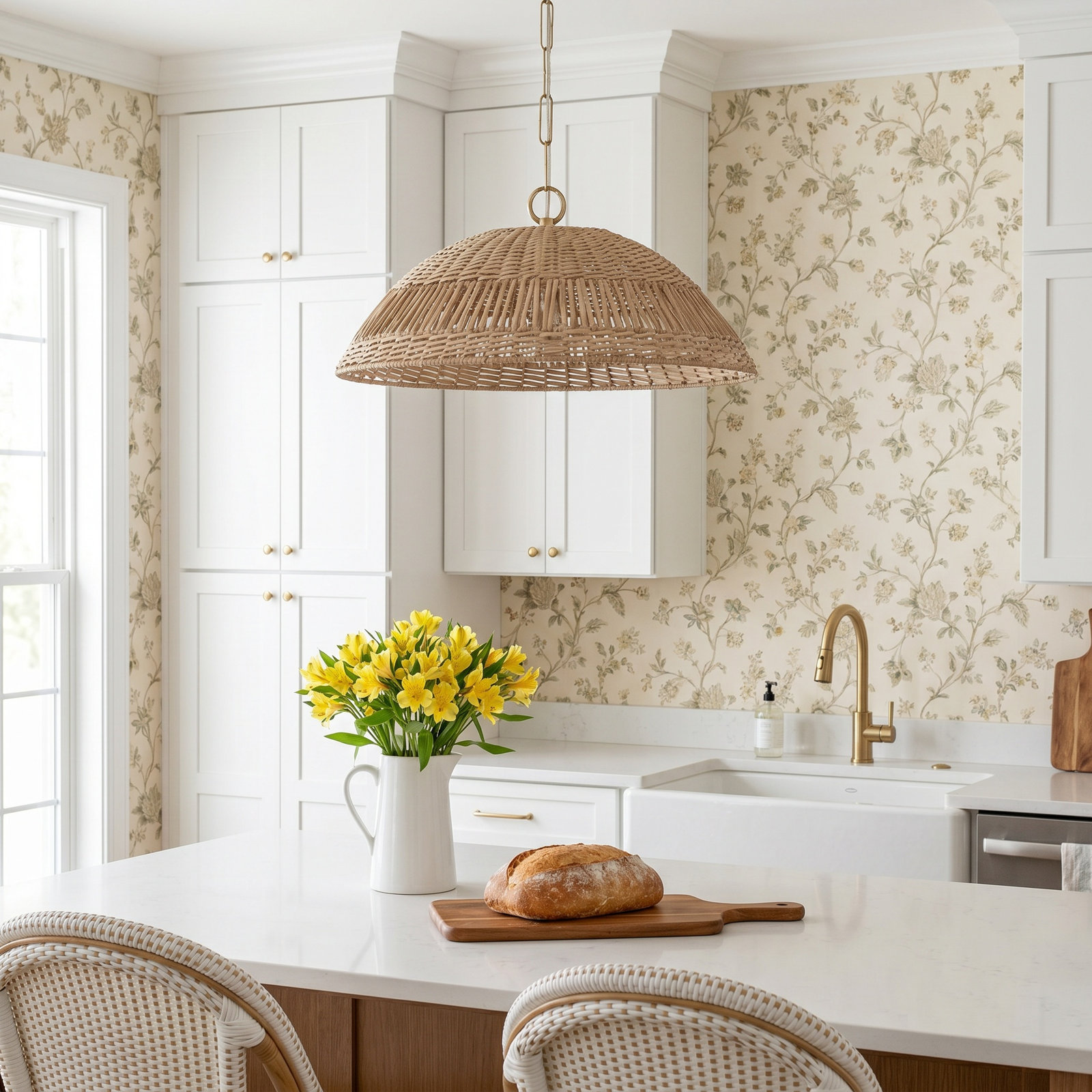 Elfie Single Light Rattan Dimmable Pendant, Brass
