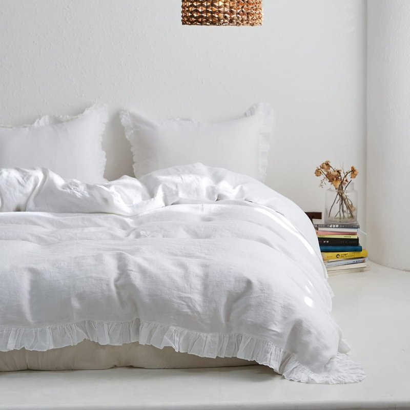 100% Linen Euro Sham Covers With Ruffle, 2Pcs Pillow Covers 26X26 Inches, White