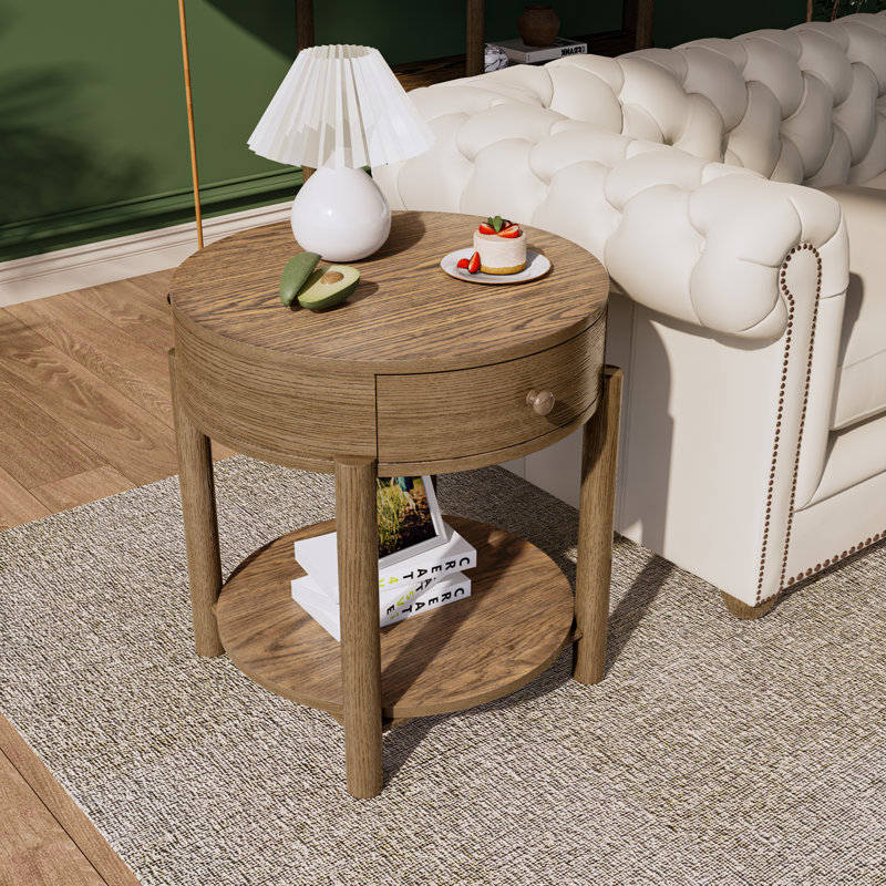 Wexford Collection Round Wood End Table with Drawer and Open Shelf, Mid-Century Modern Storage Accent Side Table, Iron Brown